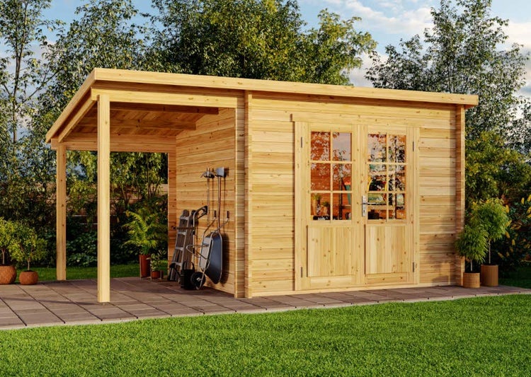 Alpholz 5-Eck Gartenhaus Mosel Gartenhaus aus Holz, Holzhaus mit 28 mm Wandstärke inklusive Terrasse, Blockbohlenhaus mit Montagematerial, Naturbelassen 6x3m