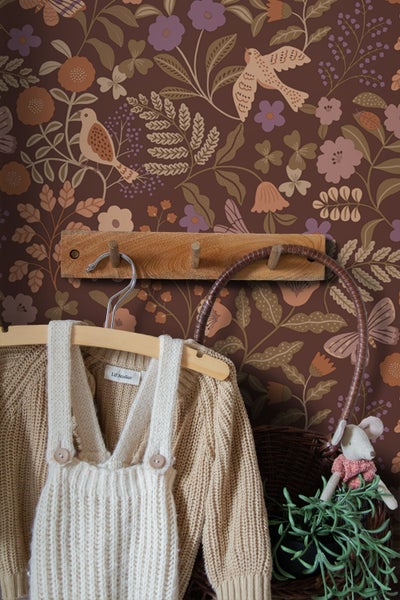 ESTAhome Tapete Blumen und Vögel Braun, Grün, Terrakotta und Lila - 50 x 900 cm - 131467