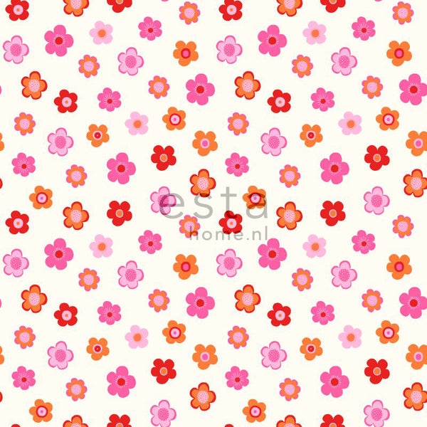 ESTAhome Tapete Blumenmuster Rosa, Korallenrot und Orange - 53 cm x 10.05 m - 138725