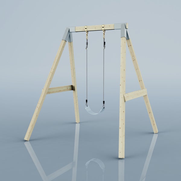 Einzelschaukel aus Holz mit A-Gestell und Metallverbindern für den Garten.