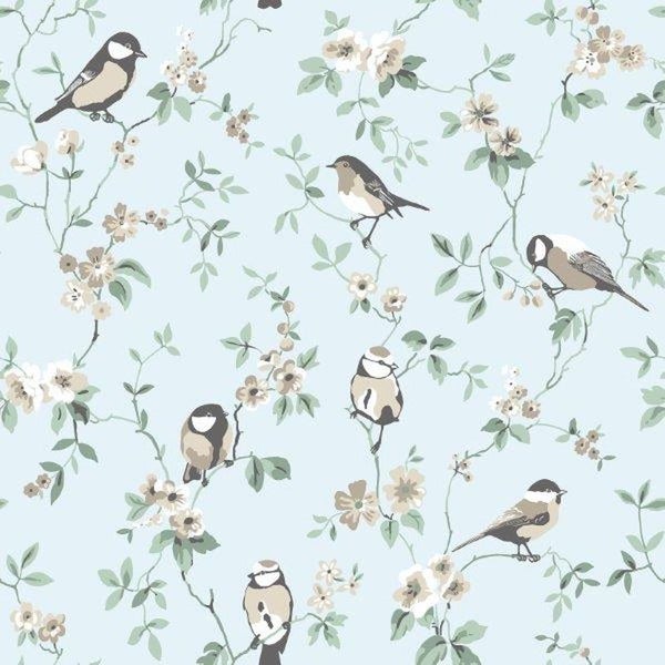Borastapeter Tapete Blumen und Vögel Graublau - 53 cm x 10.05 m - 660391