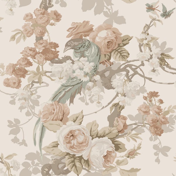 ESTAhome Tapete Blumen und Vögel Beige - 50 x 900 cm - 139807