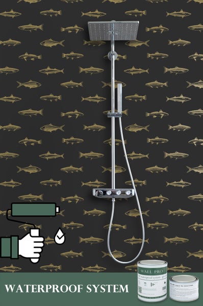ESTAhome Tapete Federzeichnung Fisch Schwarz und Gold - 53 cm x 10.05 m - 139124