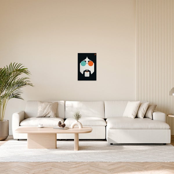 Dekoratives Poster mit abstraktem Porträt und farbigen Brillen als Wanddekoration im Wohnraum