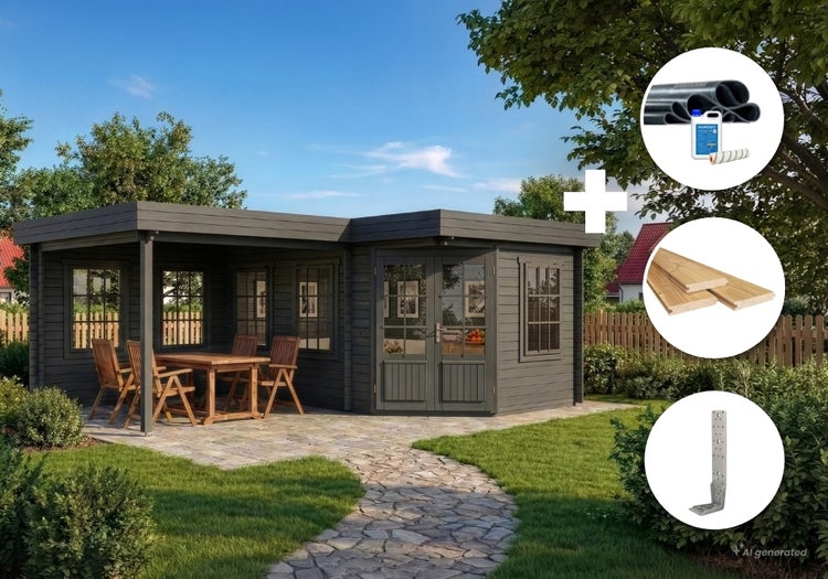 Modernes Gartenhaus aus Holz mit überdachter Terrasse und Zubehörset inklusive Dachfolie, Bodenbrettern und Montagewinkeln im Garten.