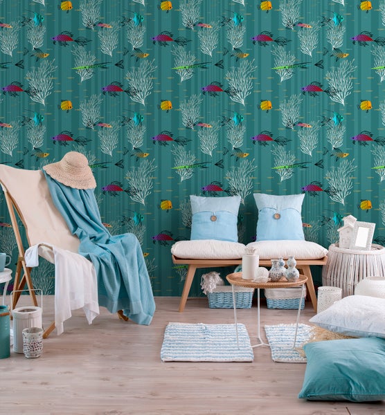 Walls4You Tapete Fische Meeresgrün und Mehrfarbig - 53 cm x 10 m - 640134