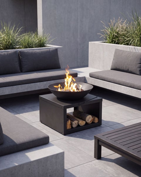Moderne Feuerstelle mit Brennholzfach im Zentrum einer Loungeecke auf einer Terrasse mit Sitzgelegenheiten aus Beton.