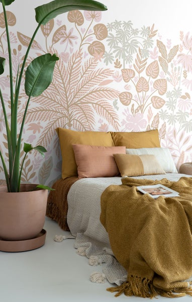 ESTAhome Fototapete tropische Blätter und Blüten Hellbeige - 2.5 x 2.79 m - 159423