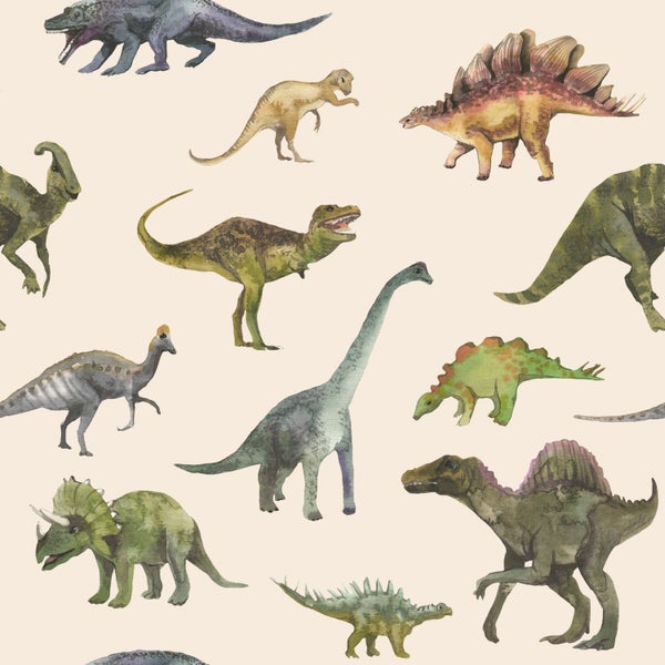 Kinderzimmer mit Dinosaurier-Tapete, Bett, Schreibtisch und Kommode