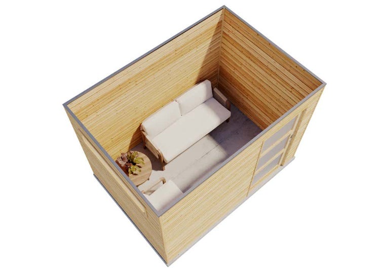 Innenansicht eines Gartenhauses aus Holz mit Lounge-Möbeln, weißem Sofa und kleinem Tisch aus der Vogelperspektive.