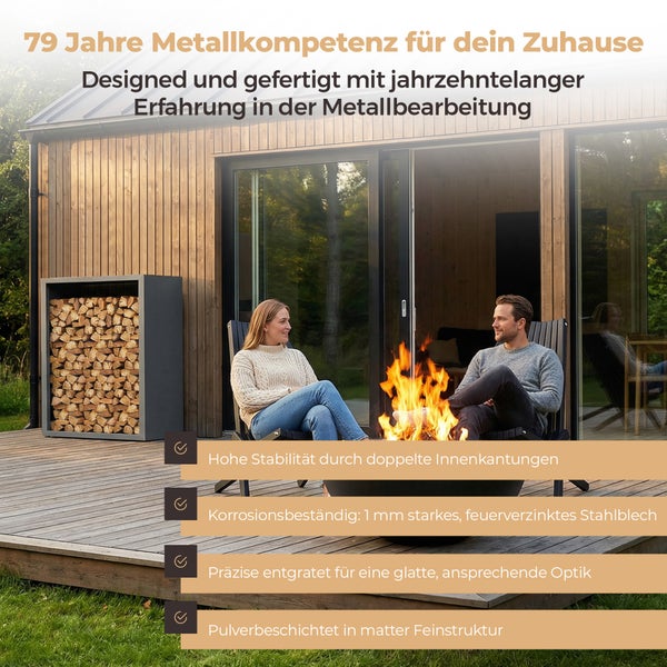 Modernes Brennholzregal aus feuerverzinktem Stahlblech auf einer Holzterrasse mit Personen am Feuer vor einem Holzhaus.