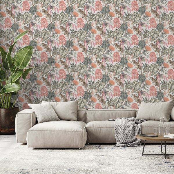 Sanders und Sanders Tapete tropische Blätter Graugrün und Orange - 53 cm x 10,05 m - 640735
