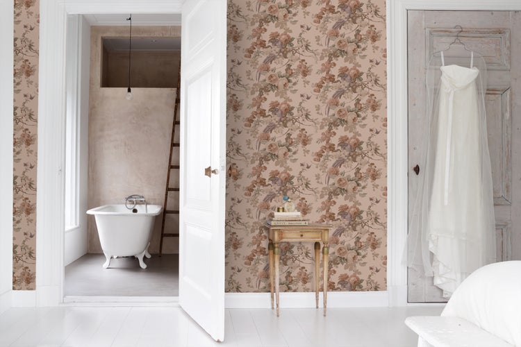 ESTAhome Tapete Blumen und Vögel Altrosa - 50 x 900 cm - 139809