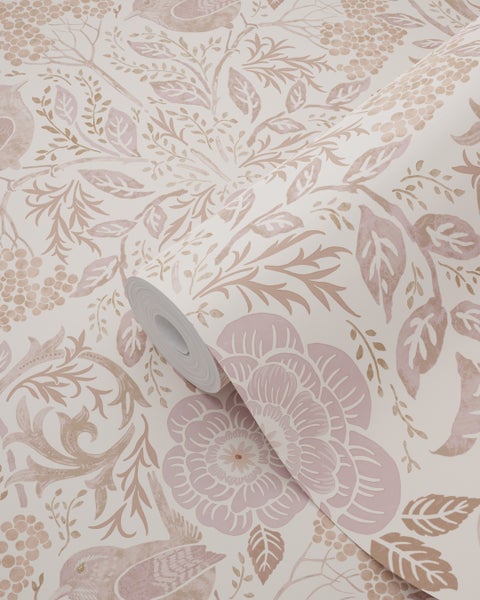 ESTAhome Tapete Blumen und Vögel Sandbeige und Violett - 53 cm x 10.05 m - 139829