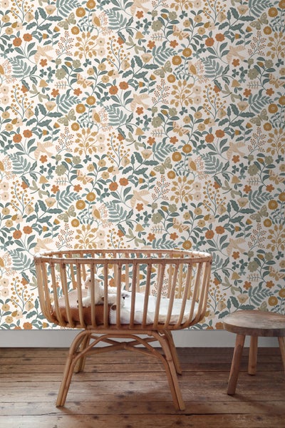 ESTAhome Tapete Blumen und Vögel Graublau, Olivgrün und Ockergelb - 53 cm x 10.05 m - 139865