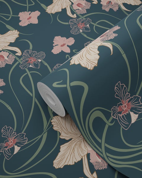 ESTAhome Tapete Blumenmuster im Jugendstil Dunkelblau, Beige und Graugrün - 50 x 900 cm - 139669