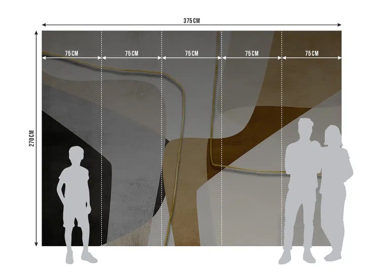 Abstrakte Fototapete mit organischen Formen in Grau und Braun, 375 Zentimeter mal 270 Zentimeter, fünf Bahnen à 75 Zentimeter.