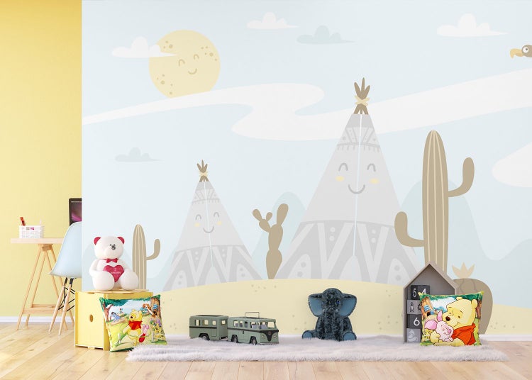 Kinderzimmer mit Indianer-Motivtapete, Teddybär und Spielzeug