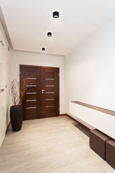 Heller Flur mit Holztür, Deckenleuchten und Dekorationen