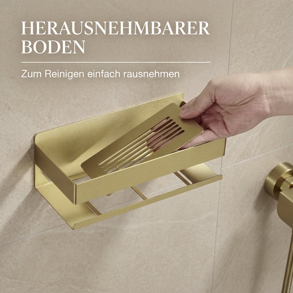 Duschablage aus gebürstetem Metall mit herausnehmbarem Boden zur einfachen Reinigung.