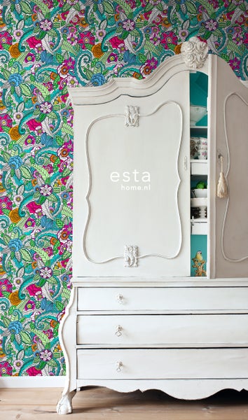 ESTAhome XXL-Vliestapete Blumenmandalas Rosa, Grün, Orange, Lila und Blau - 50 x 900 cm - 158608