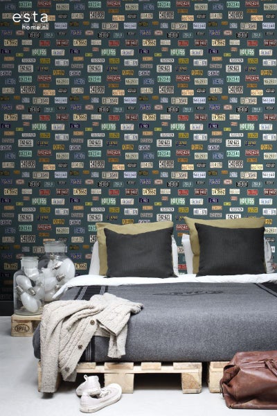 ESTAhome XXL-Vliestapete Nummernschilder im Vintage-Look Petrolblau - 50 x 900 cm - 158502