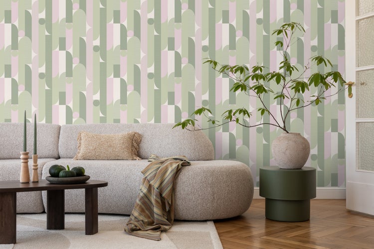 ESTAhome Tapete geometrische Formen Graugrün und Violett - 50 x 900 cm - 131057