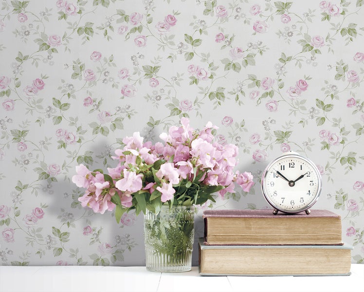 Sanders und Sanders Tapete Blumen Graugrün und Lila - 53 cm x 10 m - 640401