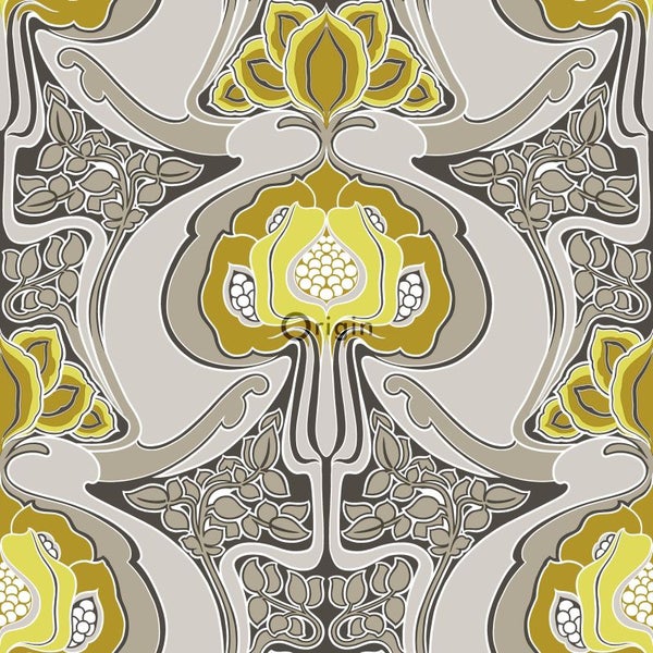 Origin Wallcoverings Tapete Jugendstil-Blumenmuster Ockergelb und Grau - 53 cm x 10.05 m - 347206