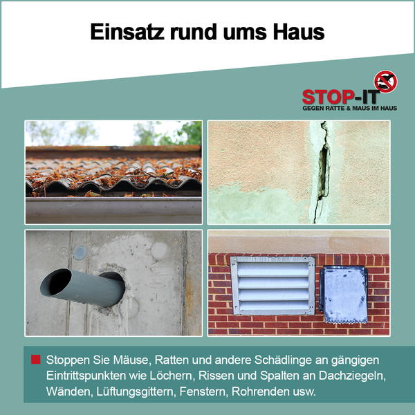 Darstellung von Eintrittspunkten für Schädlinge an Hauswänden, Dächern, Rohren und Lüftungsgittern zur Vorbeugung. STOP-IT Logo.