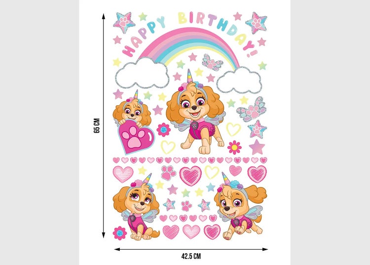 Wandsticker-Set Paw Patrol Skye mit Einhorn-Motiven, Regenbogen und Happy Birthday Schriftzug, 42,5 mal 65 Zentimeter.