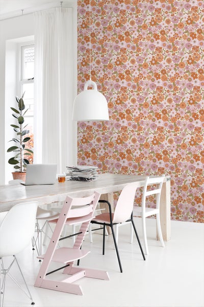 ESTAhome Tapete Retro Blumen Lila und Orange - 53 cm x 10.05 m - 130961