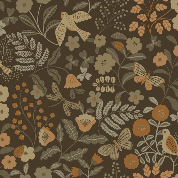 ESTAhome Tapete Blumen und Vögel Graugrün, Braun und Ockergelb - 50 x 900 cm - 131466