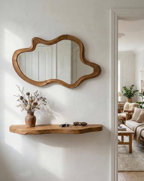 Wohnraum mit einem unregelmäßig geformten Spiegel, einem Holzregal, Dekoration und Möbeln im Hintergrund.
