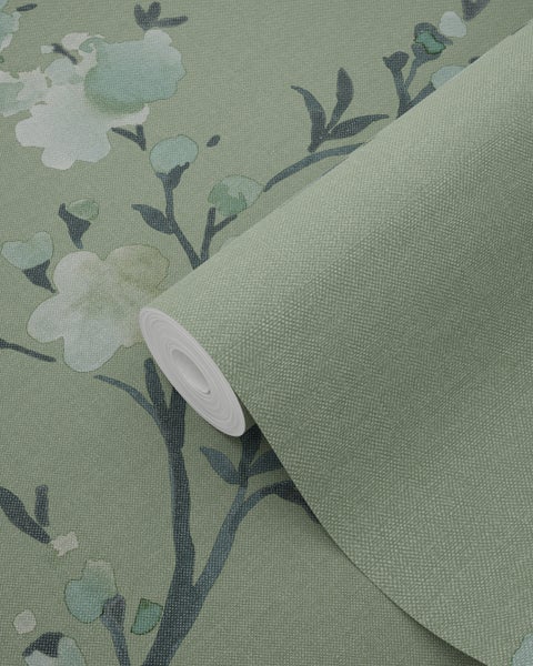 ESTAhome Tapete Kirschblüten Grün - 53 cm x 10.05 m - 148718