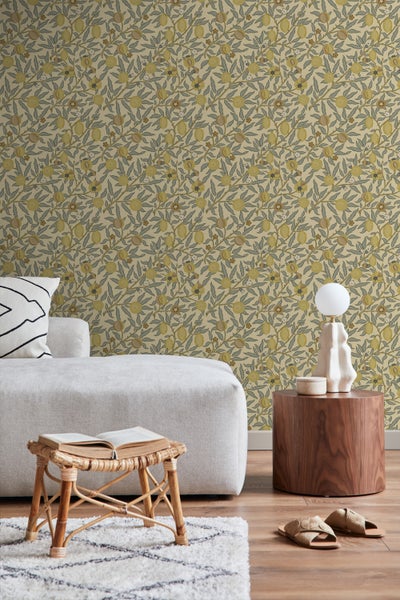 ESTAhome Tapete exotischen Früchten und Blättern Gelb und Grün - 50 x 900 cm - 131172