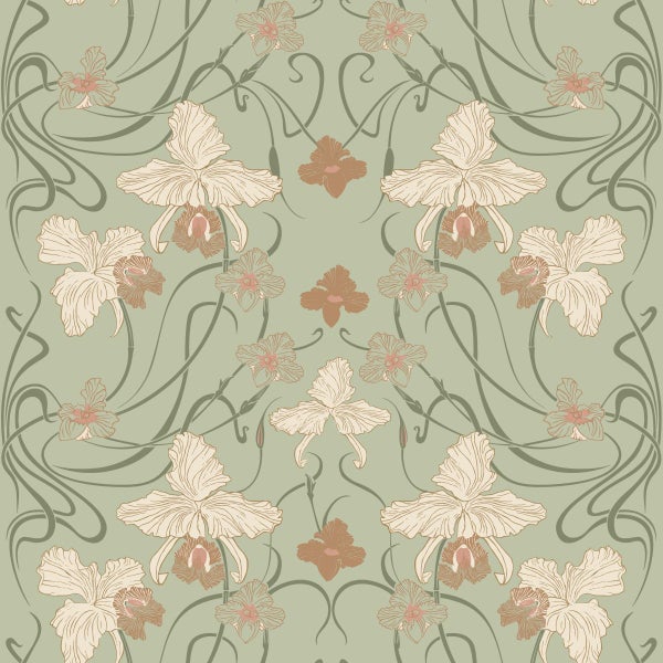 ESTAhome Tapete Blumenmuster im Jugendstil Graugrün und Terrakotta - 53 cm x 10.05 m - 139667