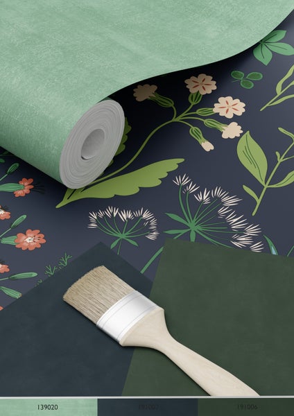 ESTAhome Tapete Feldblumen Tintenblau und Grün - 53 cm x 10.05 m - 139844