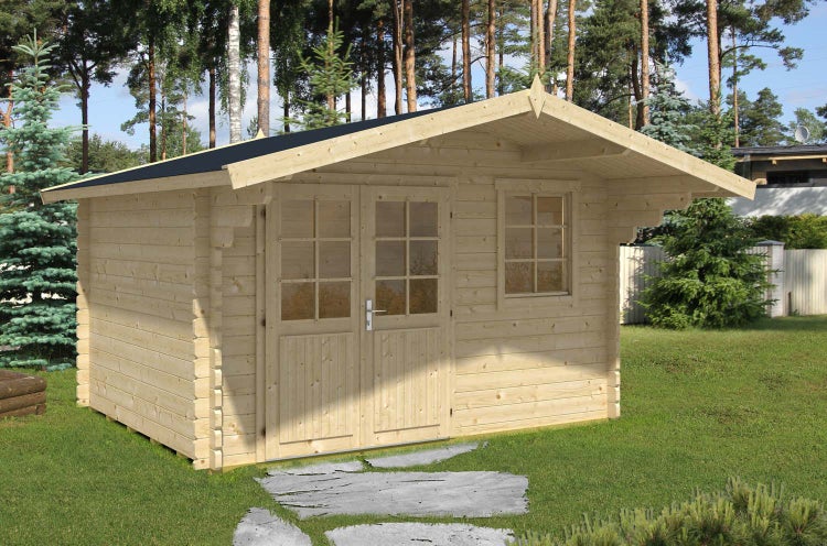 Alpholz Gartenhaus Erki-44 A ISO Gartenhaus aus Holz, Holzhaus mit 44 mm Wandstärke, Blockbohlenhaus mit Montagematerial, Naturbelassen 3,8x3,2m