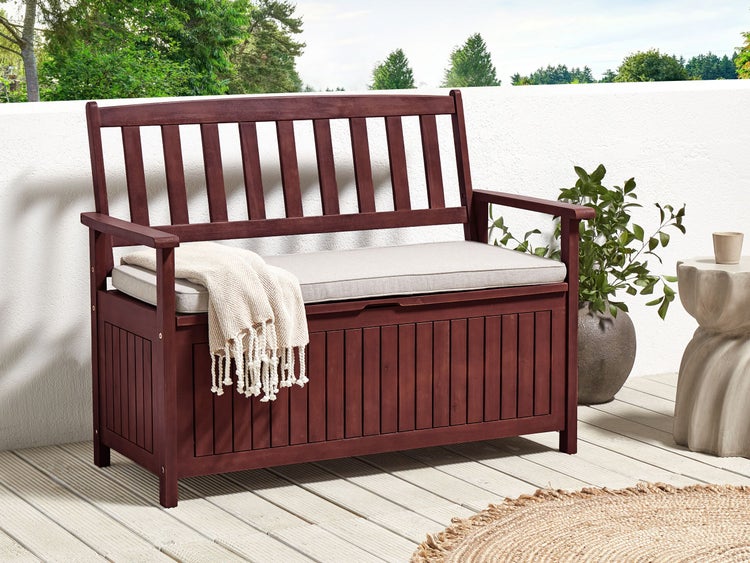 Gartenbank mit Auflage SOVANA 120 cm mit Stauraum Akazienholz Hellgrau