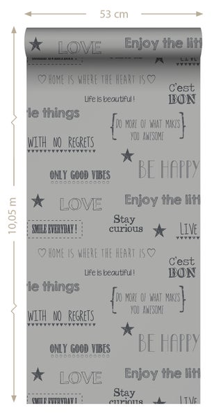 Tapetenrolle mit Schriftzügen, Länge 10,05 Meter, Breite 53 Zentimeter