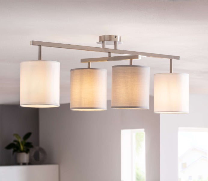 4er Deckenleuchte TILDE, klassische Deckenlampe aus Metall und Textil in Grau mit E27-Fassung, 82 cm lang, die Schirme sind verstellbar, ideal für Wohnzimmer, Esszimmer und Schlafzimmer