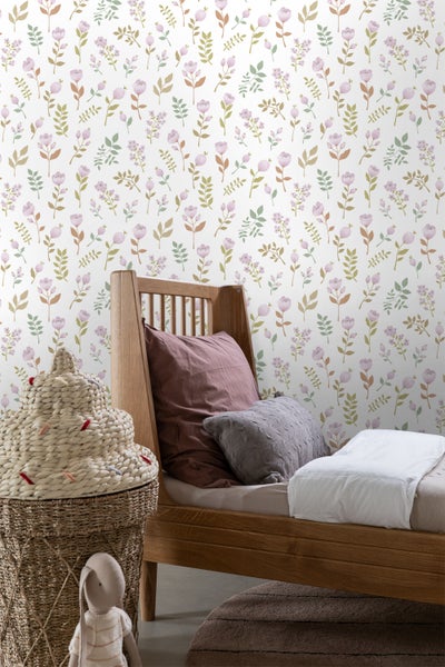 ESTAhome Tapete Blumen Violett und Graugrün - 50 x 900 cm - 139975