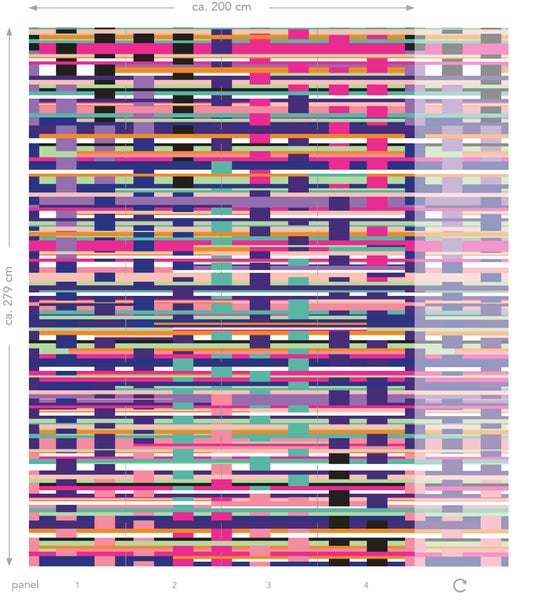Tapetenmuster mit horizontalen Streifen und geometrischen Formen, circa 200 cm breit und 279 cm hoch