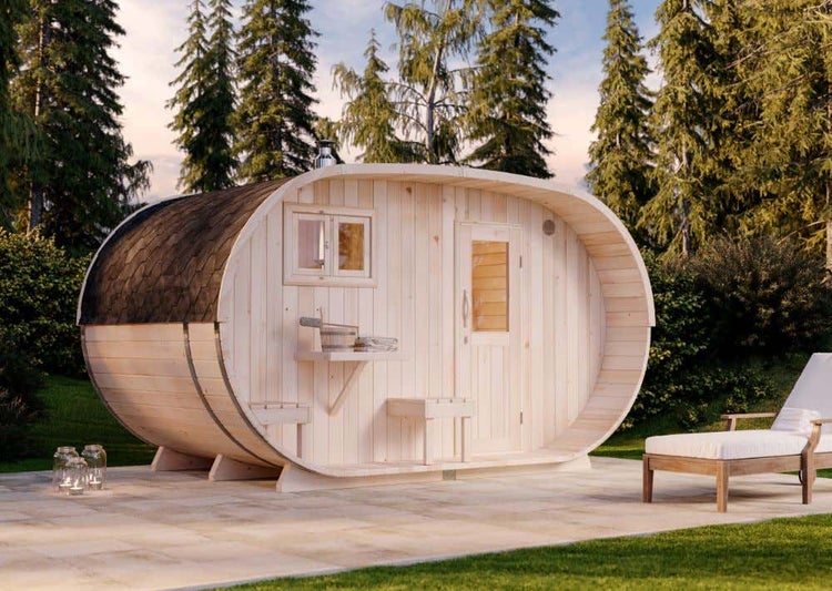 FinnTherm Saunahaus Oval Gartensauna 2 Sitzbänke aus Holz, Sauna mit 41 mm Wandstärke, Außensauna mit Montagematerial, Naturbelassen 4,2x2,4m