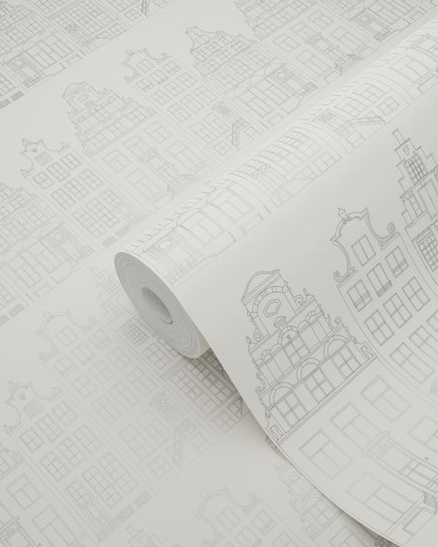 ESTAhome Tapete Amsterdamer Grachtenhäuser Silber - 53 cm x 10.05 m - 137716