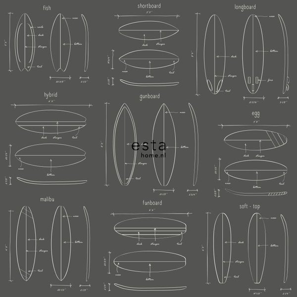 ESTAhome Tapete technische Zeichnungen von Surfbrettern Dunkelgrau - 53 cm x 10.05 m - 128872