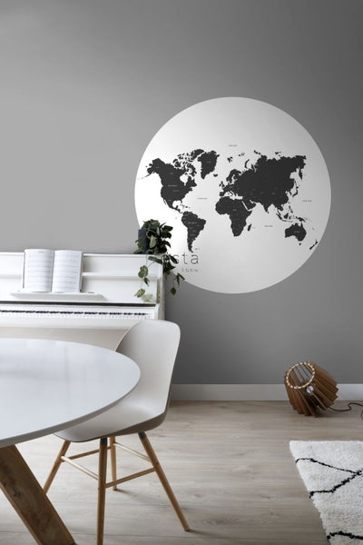 ESTAhome selbstklebende runde Tapete Weltkarte Schwarz-Weiß - Ø 140 cm - 159009