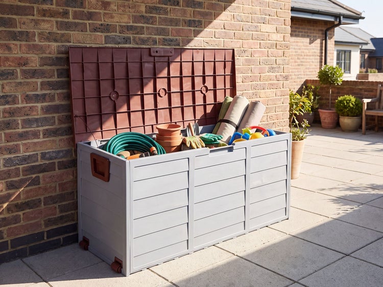 Geöffnete Kunststoff Gartenbox mit Stauraum für Gartenzubehör auf einer Terrasse vor einer Ziegelwand.