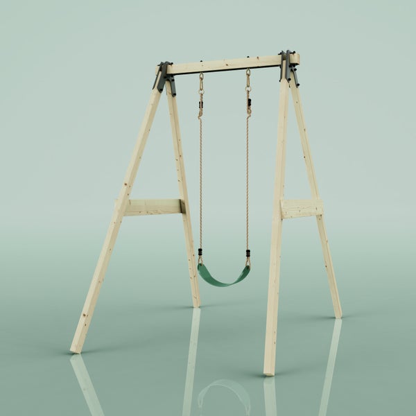 Gartenschaukel aus Holz mit einem flexiblen Einzelsitz, Seilaufhängung und stabilen Metallverbindern.